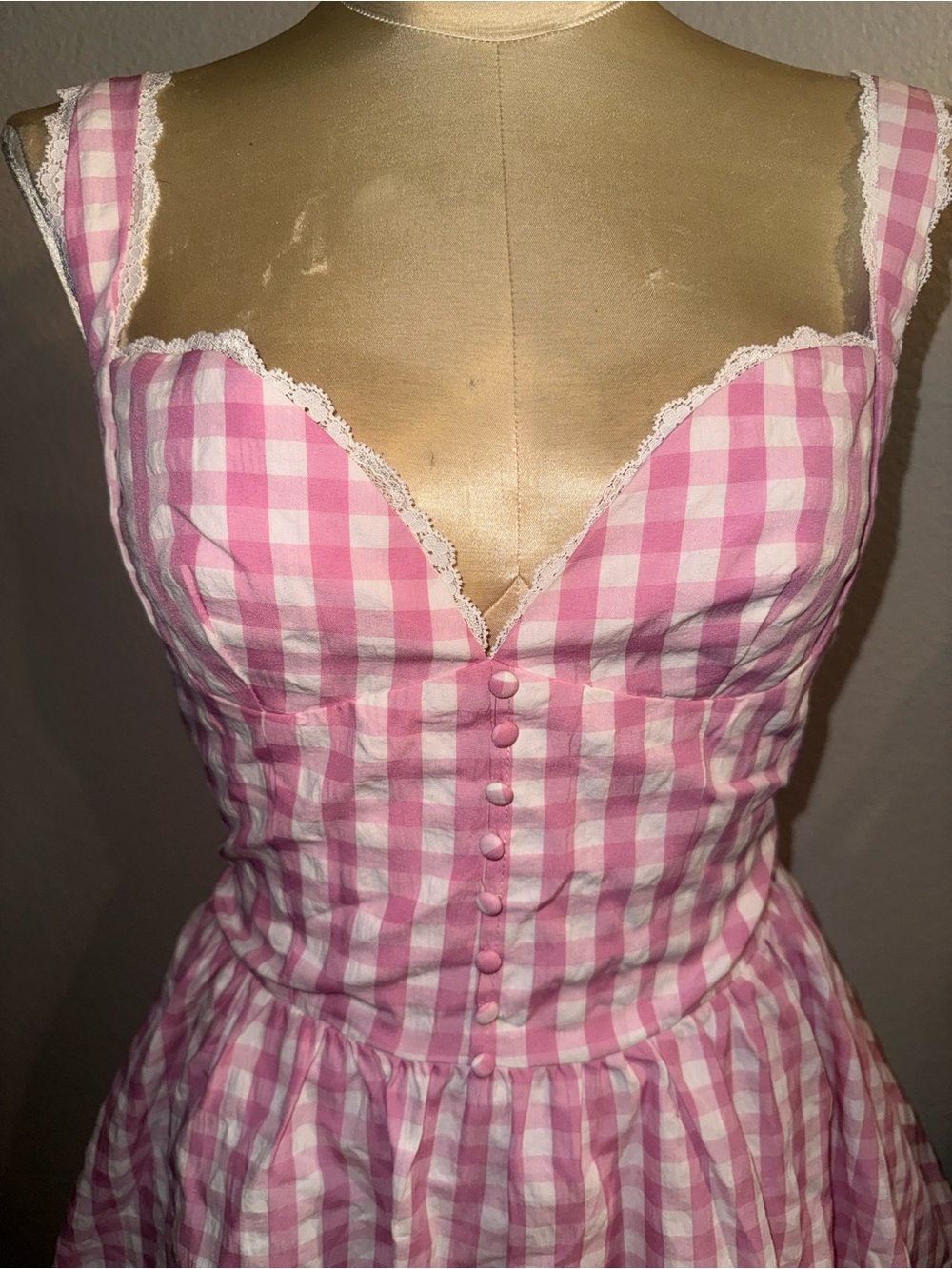 NWOT Unique Vintage Pink Gingham Lace Trim Mini Dress Size XL - Picture 6 of 16